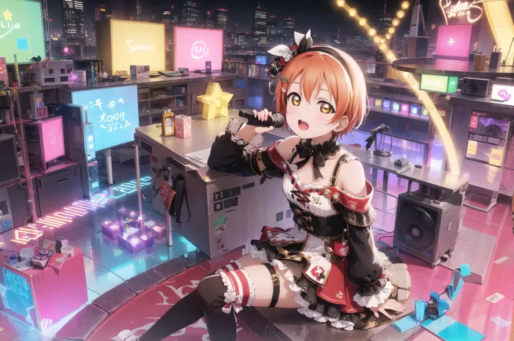 1girl, hoshizora rin, xkl, (((idol, stage, microphone))), neon, light, led, illustration, ((reflection)), thighhighs, sitting, bare shoulders, cyberpunk, <lora:xkl_v21-000016:0.4>