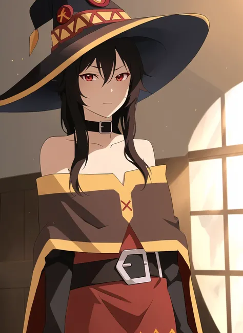 the legend of korra, masterpiece, best quality, megumin, 1girl, bare shoulders, black cape, black gloves, black hair, cape, choker, collarbone, dress, hair between eyes, hat, long sleeves, looking at viewer, medium hair, off-shoulder dress, off shoulder, r...