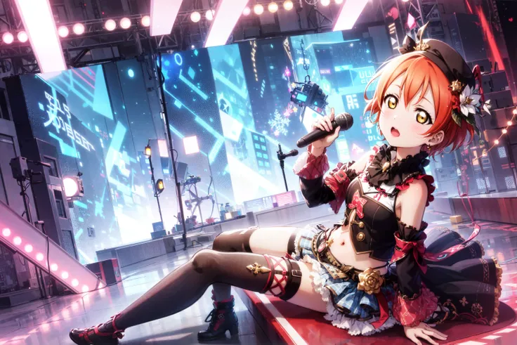 1girl, hoshizora rin, xkl, (((idol, stage, microphone))), neon, light, led, illustration, ((reflection)), thighhighs, sitting, bare shoulders, cyberpunk, <lora:xkl_v21-000016:0.4>