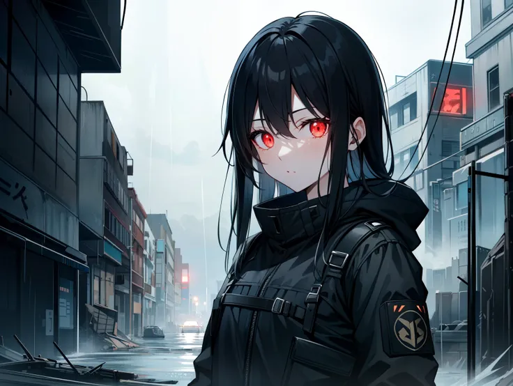 postapocalyptic city, ruins, wasteland, (night, dark, dark lighting, darkness), night sky, 1girl, black_hair, expressionless, red_eyes, glowing_eyes, looking_at_viewer, fog, solo_focus, storm, long_hair, heavy rain