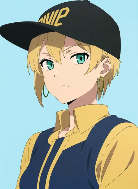 mushoku tensei style, anime coloring, parody, masterpiece, best quality, 1girl, aqua eyes, baseball cap, blonde hair, closed mouth, earrings, green background, hat, hoop earrings, jewelry, looking at viewer, shirt, short hair, simple background, solo, uppe...