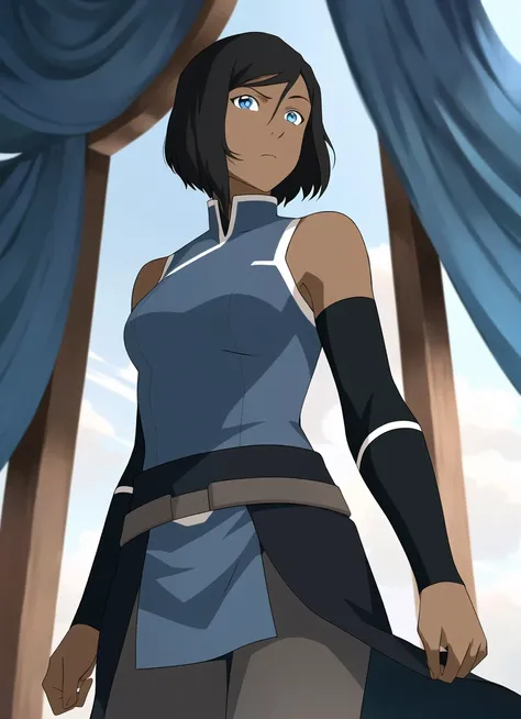 the legend of korra, masterpiece, best quality, 1girl, solo, dark skin, dark-skinned female, black hair, bare shoulders, blue eyes, short hair, looking at viewer, <lora:the_legend_of_korra_offset:1>