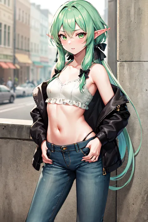 masterpiece, best quality, highres, 1girl, elf, pointy ears, green hair, long hair, sidelocks, hair bow, green eyes, small breasts, camisole, jeans, navel, open jacket, <lora:high_elf_archer_v1:0.6>, street, standing, cowboy shot, hand in pocket,