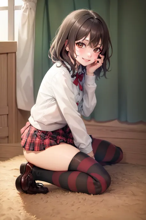 (masterpiece, best quality:1.2), <lyco:attire_stripedthighhighs_redblk-09:1.0>, solo, 1girl, smile, looking at viewer, wariza, h...