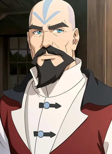 the legend of korra, masterpiece, best quality, 1boy, male focus, solo, facial hair, bald, mustache, blue eyes, arrow tattoo, beard, looking at viewer, manly  <lora:the_legend_of_korra_v2_offset:1>