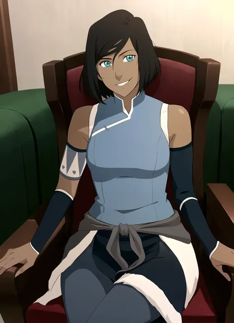 the legend of korra, masterpiece, best quality, solo, 1girl, korra, dark skin, dark-skinned female, smile, looking at viewer, sitting in a chair, short hair, sleeveless, bare shoulders <lora:the_legend_of_korra_v2_offset:1><lyco:thelegendofkorra_korra-10:...