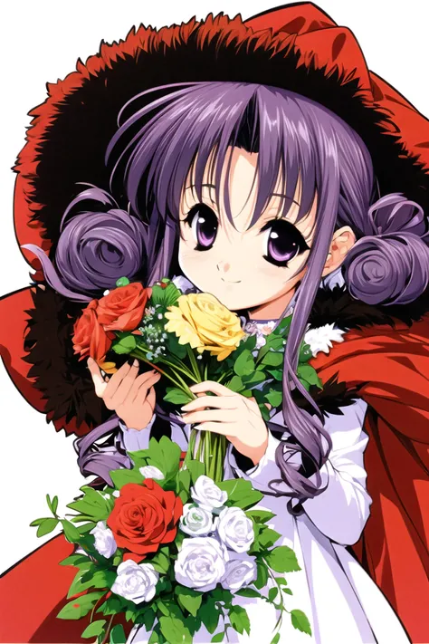 1girl, solo, flower, hat, rose, purple eyes, heart, crown, red flower, white background, long sleeves, smile, holding, simple background, dress, red rose, fur trim, cape, looking at viewer, food, plate, bouquet, purple hair, curly hair,<lora:Naoto Tenhiro:...