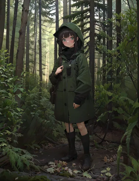 masterpiece, best quality, ultra-detailed, illustration,impasto, painting, tree, shrub, moss, moss cover branches, nature, scenery, fallen leaves, pine tree, forest,1girl,solo,looking at viewer,standing,wear raincoat,black long boots,pov,<lora:forest:1:FO>