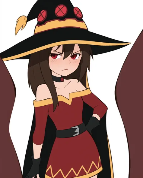 kim possible style, masterpiece, best quality, megumin, 1girl, bare shoulders, black cape, black gloves, black hair, blush, cape, choker, collarbone, dress, fingerless gloves, gloves, hair between eyes, hat, long sleeves, looking at viewer, medium hair, of...