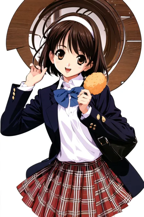 1girl, solo, brown hair, school uniform, skirt, hairband, brown eyes, plaid, short hair, plaid skirt, bag, food, open mouth, smile, long sleeves, simple background, white background, pleated skirt, bow,<lora:Naoto Tenhiro:0.8>