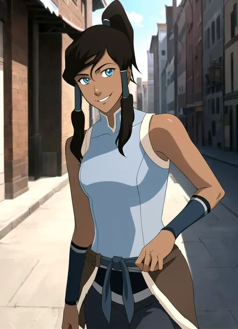 the legend of korra, masterpiece, best quality, cowboy shot, solo, 1girl, korra, dark skin, dark-skinned female, smile, looking at viewer, ponytail, hair tubes, sleeveless, bare shoulders <lora:the_legend_of_korra_v2_offset:1><lyco:thelegendofkorra_korra-...