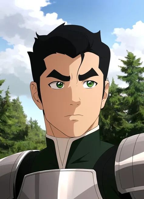 the legend of korra, masterpiece, best quality, 1boy, male focus, solo, green eyes, black hair, muscular, round nose, day, thick eyebrows, outdoors, nature, sky, forest, armor, upper body, short hair, cloud <lora:the_legend_of_korra_v2_offset:1>