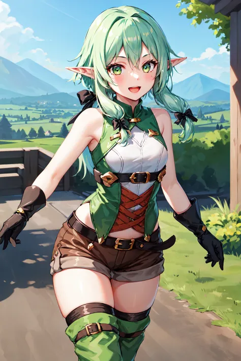 masterpiece, best quality, highres, 1girl, elf, pointy ears, green hair, long hair, sidelocks, hair bow, green eyes, small breasts, sleeveless, black gloves, brown shorts, green thighhighs, short shorts, belt, <lora:high_elf_archer_v1:0.6>, town, fantasy, ...