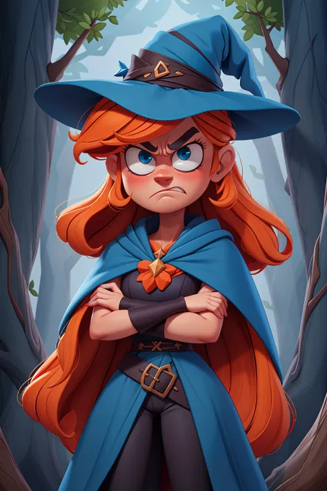 masterpiece, best quality, angry female witch in the forest with arms crossed wearing a blue pointy hat and orange hair and a bl...