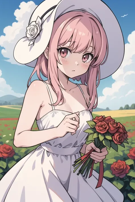 (masterpiece, best quality), 1girl, flower, solo, dress, holding, sky, cloud, hat, outdoors, bangs, bouquet, rose, expressionless, blush, pink hair, flower field, red flower, pink eyes, white dress, looking at viewer, midium hair, holding flower, small bre...