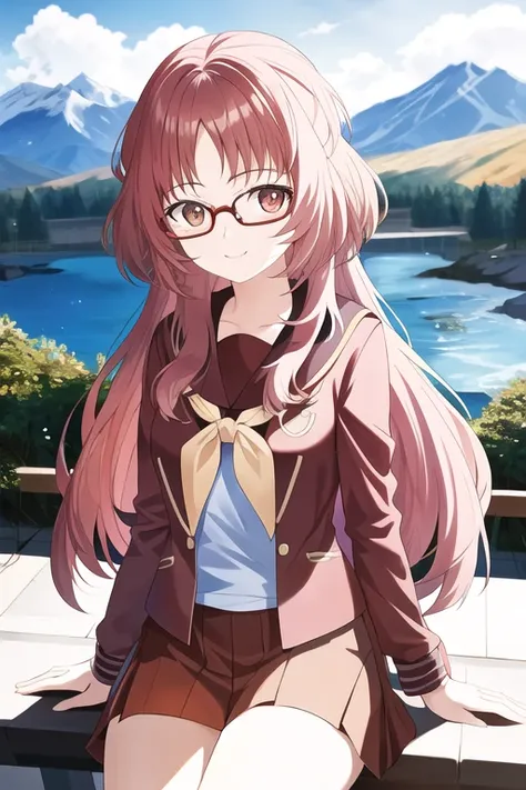 aimie, glasses, sitting, smile, looking at viewer, mountain, river <lora:ai_mie_v3.1-000005:1>