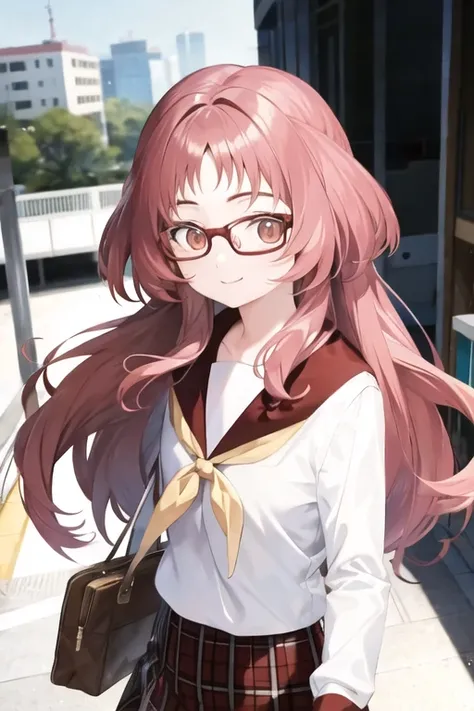 aimie, glasses, walking, smile, looking at viewer, balcony <lora:ai_mie_v3.1-000005:1>