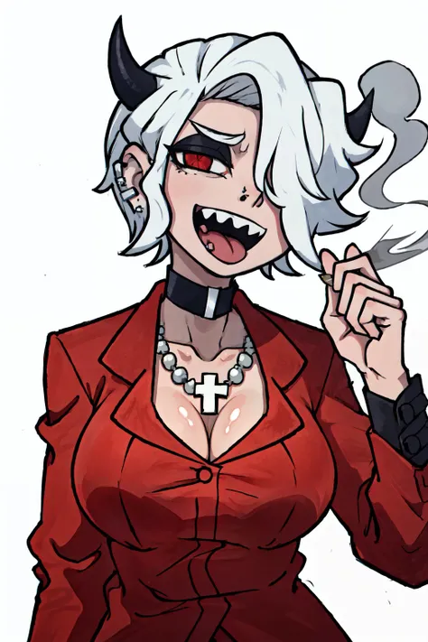 zdrada(helltaker), solo, short hair, white hair , large breasts, red shirt , collarbone, collared shirt, black choker , cross necklace,sharp teeth, demon horn , black horn , hair over one eye, red eyes, tongue out, long tongue, cleavage, white background, ...