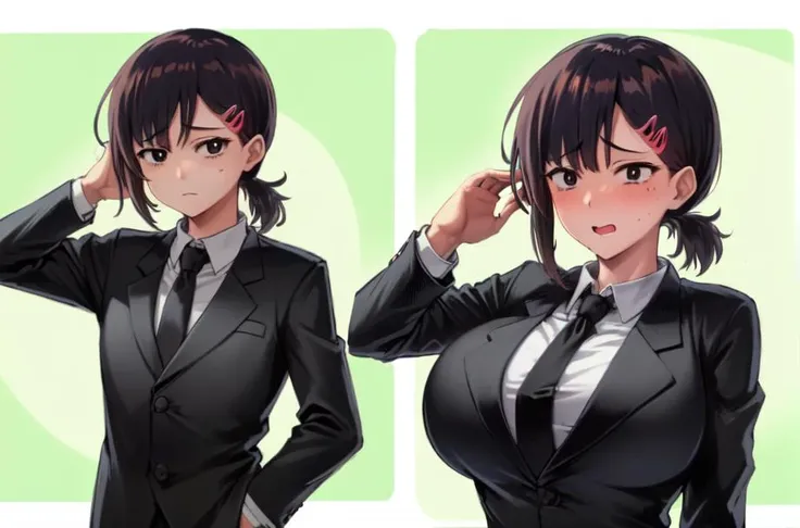 masterpiece, best quality,1girl, higashiyama kobeni,  <lora:kobeni:1>, black hair, black eyes, short hair, short ponytail, side ponytail, bangs, single sidelock, hair ornament,<lora:Breast_expansion-4_2:0.6>, (breast expansion:1.2), huge breasts, (formal:1...