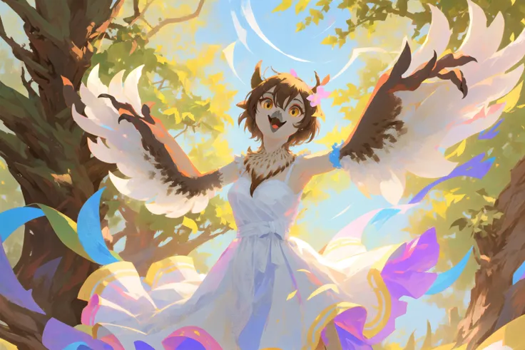 anthro avian (owl), (beak), ((winged-arms)), brown body, sfw, female, wearing a wedding dress, happy, open mouth, at a reception, outdoors, midday, dappled sunlight, detailed background,