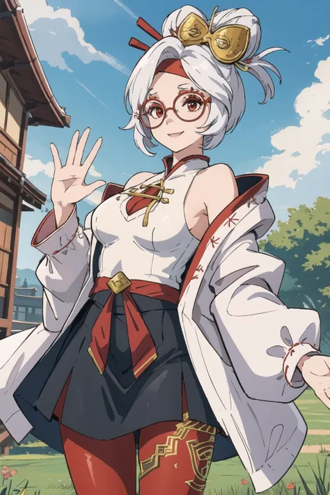 masterpiece, best quality, purah, red glasses, hair ornament, hair stick, red headband, white shirt, bare shoulders, white jacket, black skirt, orange leggings, standing, smile, waving, field, fence, sky, pagoda <lora:purah-nvwls-v3-2-000012:0.8>