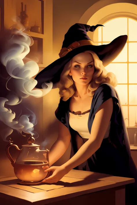 (best quality, masterpiece), 1girl, witch, brewing Potion, indoors, upper body, smoke, looking at viewer,<lora:GilElvgren:0.8>