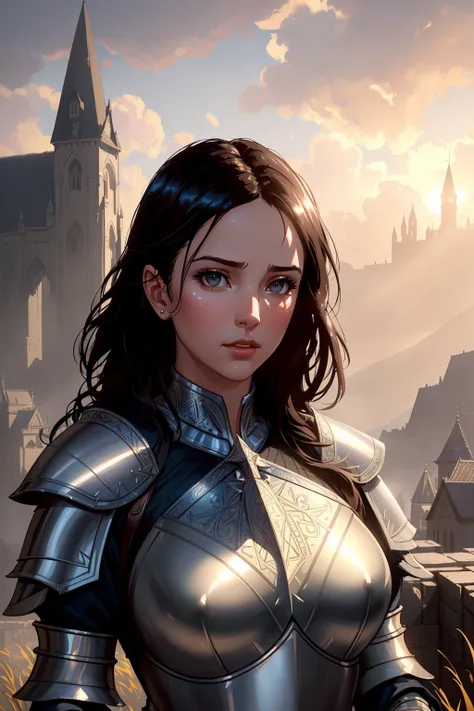 fcHeatPortrait, (masterpiece), (extremely intricate:1.3), (realistic), portrait of a girl, the most beautiful artwork in the world, (medieval armor), metal reflections, upper body, outdoors, intense sunlight, far away castle, professional oil painting of a...