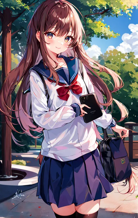 1girl, bag, bag_charm, bangs, black_legwear, blue_legwear, blue_sailor_collar, blue_skirt, blush, bow, bowtie, brown_eyes, brown_hair, cellphone, cellphone_charm, charm_(object), cloud, collarbone, dappled_sunlight, day, eyebrows_visible_through_hair, hand...