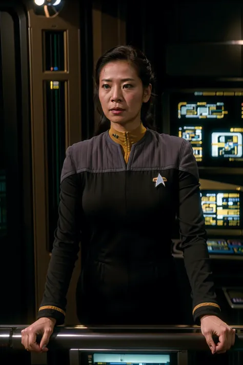 asian woman in black and yellow ds9st uniform,on dsnstation bridge, 8k uhd, dslr, soft lighting, high quality, film grain,masterpiece quality,Fujifilm XT3<lora:DS9_768V12:0.8>