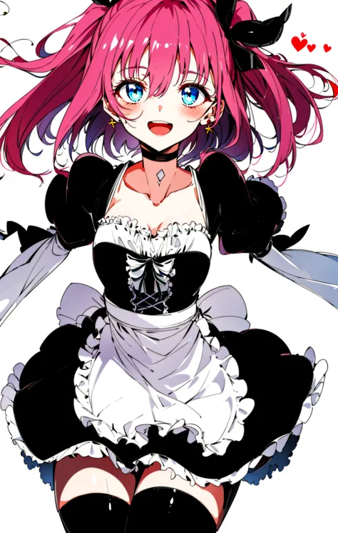 1girl, :d, ahoge, apron, back_bow, bangs, black_choker, black_dress, black_legwear, black_ribbon, blue_eyes, blush, bow, choker, collarbone, dress, earrings, enmaided, eyebrows_visible_through_hair, floating_hair, frilled_apron, frilled_dress, frills, hair...