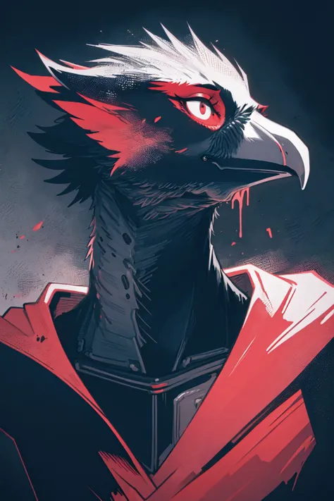 anthro avian raven, beak, covered in blood, bloody, dripping blood, gore, horror, close up, headshot,  bloodstainai, strong outlines, <lora:Bloodstainai:0.8>, high contrast,