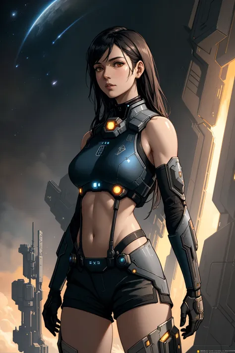 anime girl in futuristic outfit standing in front of a futuristic city