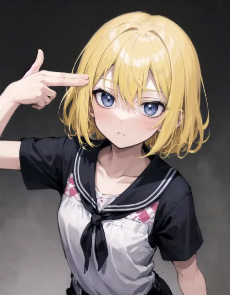 fg2h, finger gun, pastel colors, cowboy shot, from above, 1girl, cold eyes, distant, blank stare, expressionless, empty eyes, no expression, apathetic, dark blue eyes, nihongami and single hair intake, yellow hair