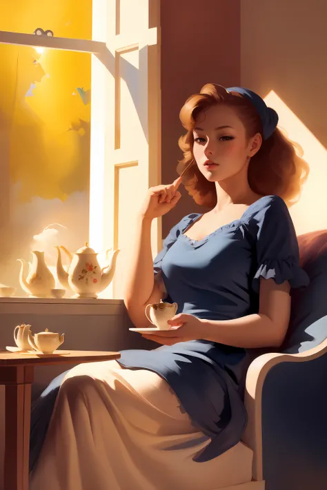 (best quality, masterpiece), 1girl, tea time, sunlight from windows,,<lora:GilElvgren:0.8>