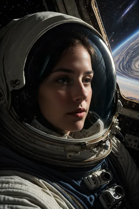 American Women 30 years old, (best quality:1.3), (masterpiece:1.3), (detailed:1.2), 8K, space station scene, an astronaut floating gracefully inside the International Space Station, surrounded by a multitude of high-tech equipment and instruments, (soft:1....