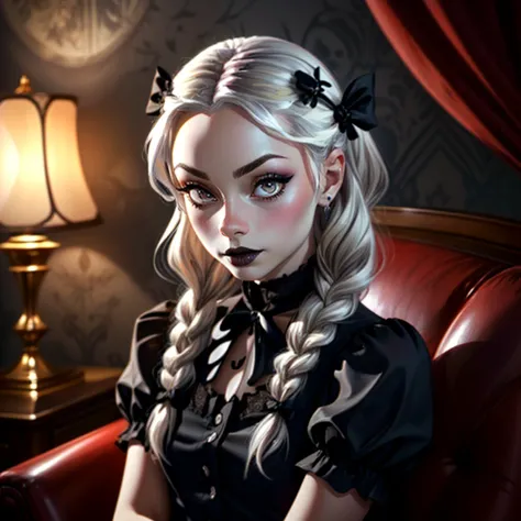 cosplay, spooky, altogether ooky, (hyperdetailed) illustration of ArdeliaChz as a real-life Wednesday Addams, (wearing a sexy gothgal outfit), black lace dress with a high white collar, pale skin, goth makeup, black hair parted down the middle, braided twi...