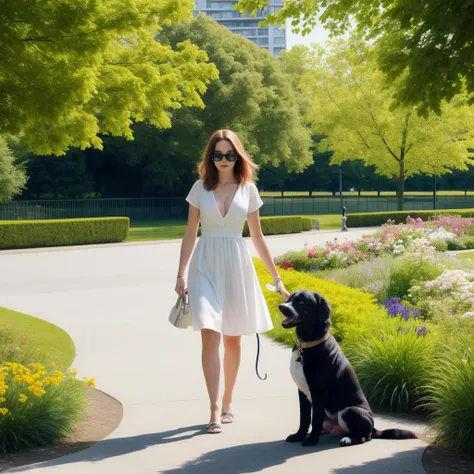 ((Best quality)),((masterpiece)),((realistic)),A girl walking in a white dress with sunglass in the park,With a dog,Lush plants and flowers,