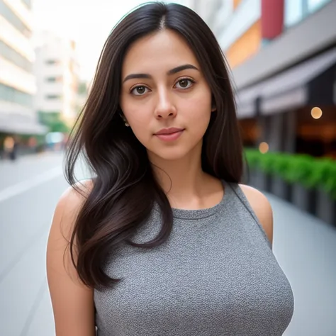 a professional portrait photo of a 30 year old woman, with light brown eyes, black hair, highly detailed features, city bokeh background, dglatte, perfect eyes,