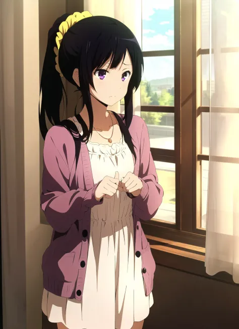 hyouka <lora:hyouka_offset:1>, masterpiece, best quality,  1girl, solo, long hair, purple eyes, black hair, ponytail, jewelry, necklace, window, curtains, scrunchie, dress, cardigan