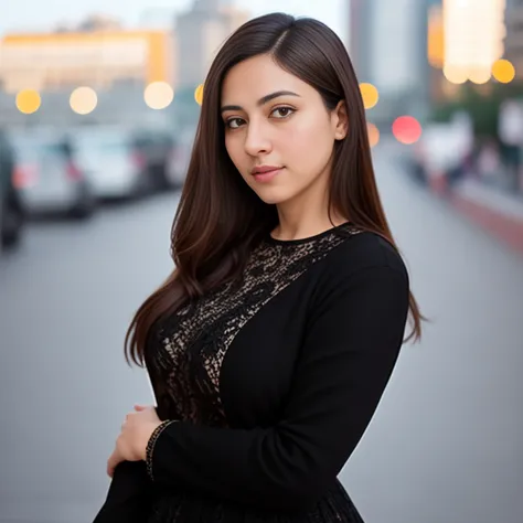 a professional portrait photo of a 30 year old woman with light brown eyes, black hair, highly detailed features, city bokeh background, perfect eyes, dglatte