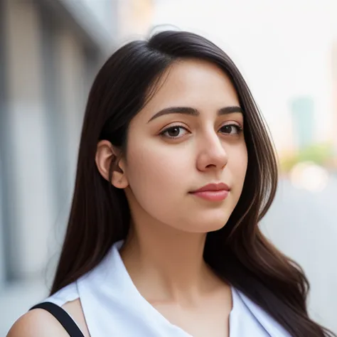 a professional portrait photo of a 30 year old woman, with light brown eyes, black hair, highly detailed features, city bokeh background, dglatte, perfect eyes,