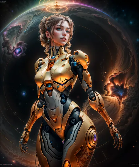 an award winning photograph of a beautiful woman, halo, intricate cyberpunk robot, highly detailed, soft bokeh Deep space nebula background, art by mooncryptowow and popular science <lora:wowifierV3:0.8>