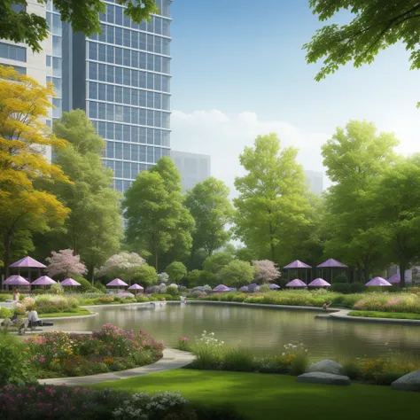 ((Best quality)),((masterpiece)),((realistic)),landscape design,park,tree,flower,