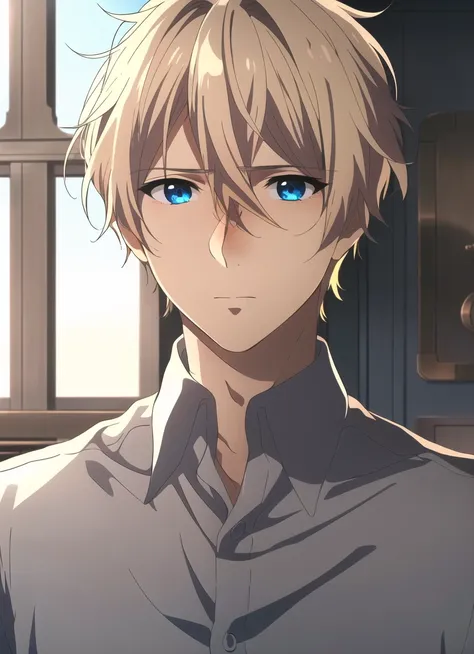 violet evergarden <lora:violet_evergarden_offset:1>, masterpiece, best quality, solo, 1boy, male focus, blonde hair, blue eyes, looking at viewer, indoors, shirt, collared shirt, closed mouth