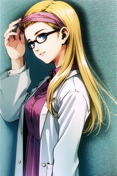 1girl, solo, glasses, blonde hair, long hair, blue eyes, white background, labcoat, headband, braid, simple background,shirt, <l...