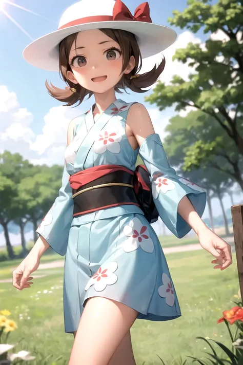 anime girl in a blue kimono dress and hat walking in a park