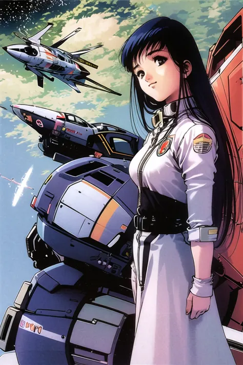 1girl, solo,long hair, blue hair, military, pilot suit, black hair, spacesuit, variable fighter, mecha, dress, armor,retro artst...