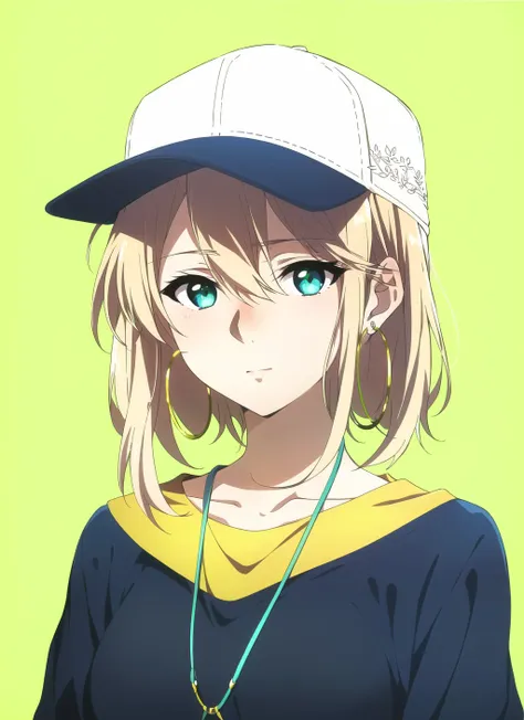 violet evergarden <lora:violet_evergarden_offset:1>, masterpiece, best quality, 1girl, aqua eyes, baseball cap, blonde hair, closed mouth, earrings, green background, hat, hoop earrings, jewelry, looking at viewer, shirt, short hair, simple background, sol...