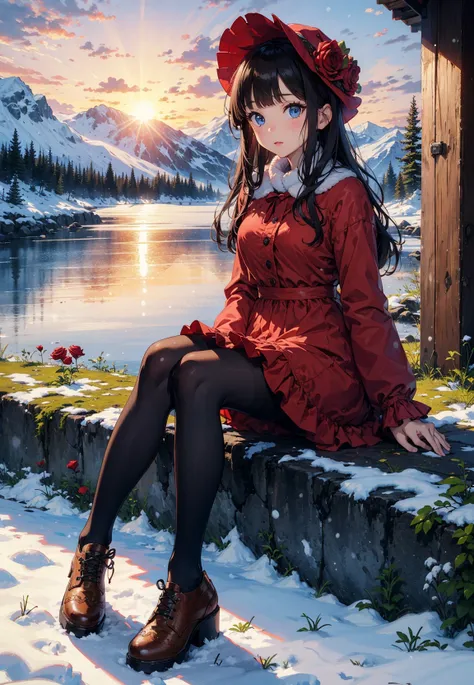 masterpiece, best quality, winter, snow field, 1girl, bangs, blue eyes, blunt bangs, bonnet, brown footwear, brown hair, dress, frills, fruit, full body, hat, long hair, long sleeves, looking at viewer, pantyhose, purple dress, red flower, red rose, rose, ...