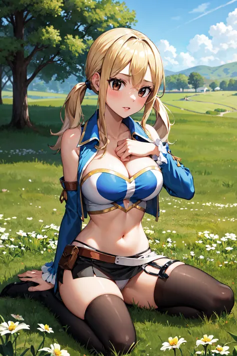 masterpiece, best quality, highres, lucy heartfilia, lucy heartfilia, 1girl, solo, blonde hair, brown eyes, twintails, large breasts, black thighhighs, detached sleeves, midriff, cropped vest, strapless, belt, black skirt, <lora:lucy_heartfilia_v1.1:0.7>, ...